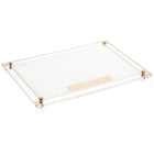 Suspended Chanukah set with glass tray and wooden handles, featuring corner brackets in gold tone metal accents.