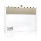 Suspended Chanukah Set with white base and gold-toned hanging ornaments, modern Jewish holiday decor bundle.