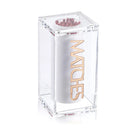 Clear glass suspended match jar by Waterdale Collection with decorative border, holding wooden matches inside, ideal for Shabbat and havdalah.