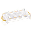 Suspended Pearlstone Liquor Set with white marble-look acrylic base, gold handles, and glass shot cups - Waterdale Collection