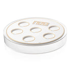White Suspended Seder Plate with gold accents and six circular wells, part of the Waterdale Collection Passover bundle.