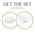 Two white ceramic Passover pieces shown: a suspended seder plate with compartments and a matching matzah box, displayed together as a bundle set.