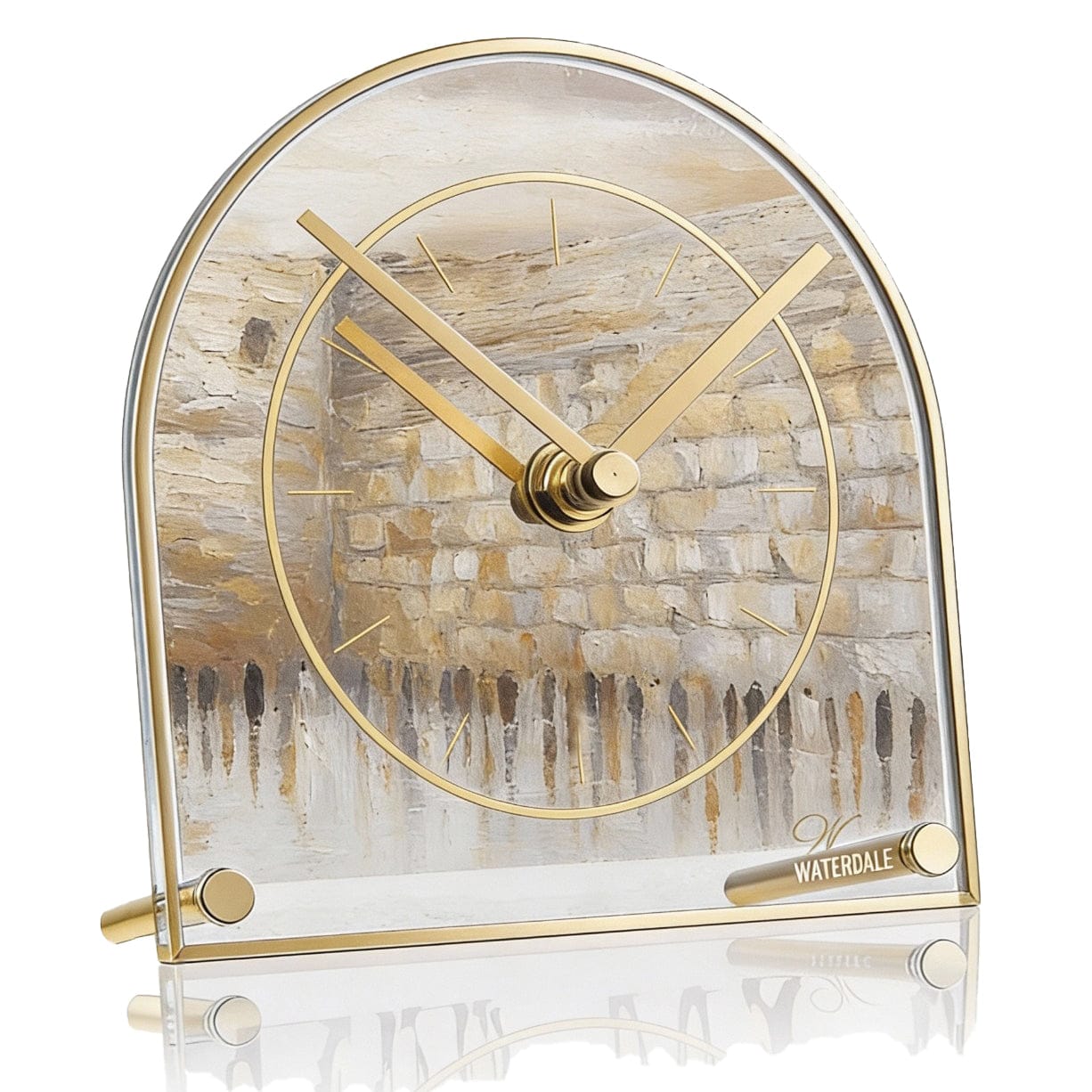 Luxury Waterdale desk clock, arched lucite frame, and gold-tone hardware for home office decor.