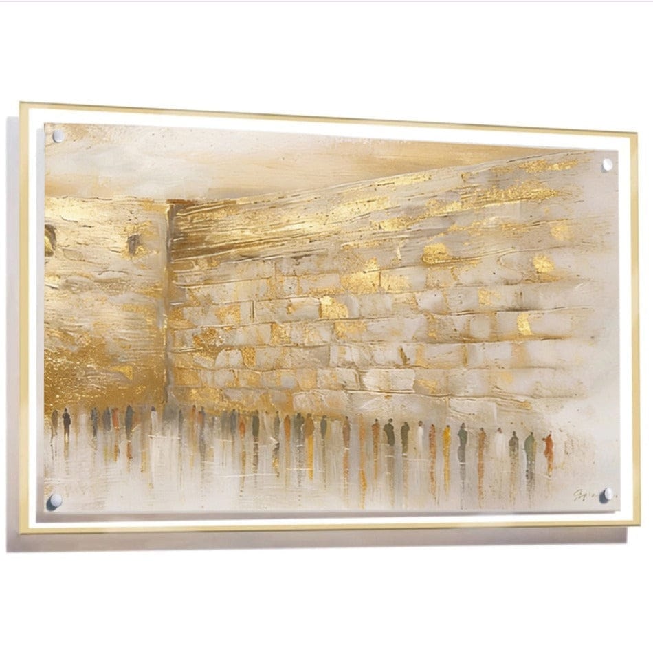 Taupe Kosel painting featuring a textured Western Wall design with gold accents and silhouetted figures
