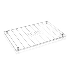 Chrome vertical challah board with slat design and corner handles, ideal for Shabbat table service.