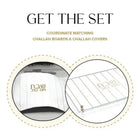 Waterdale Collection vertical gold challah board and matching cover set displayed as a bundled pair for Shabbat.