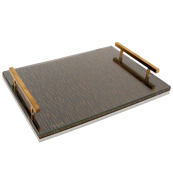Silver wave challah board with wooden handles on gray textured surface, Shabbat serving tray.