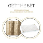 Woven Challah Board & Cover Set by Waterdale Collection showing gold woven board and white textured cover together.